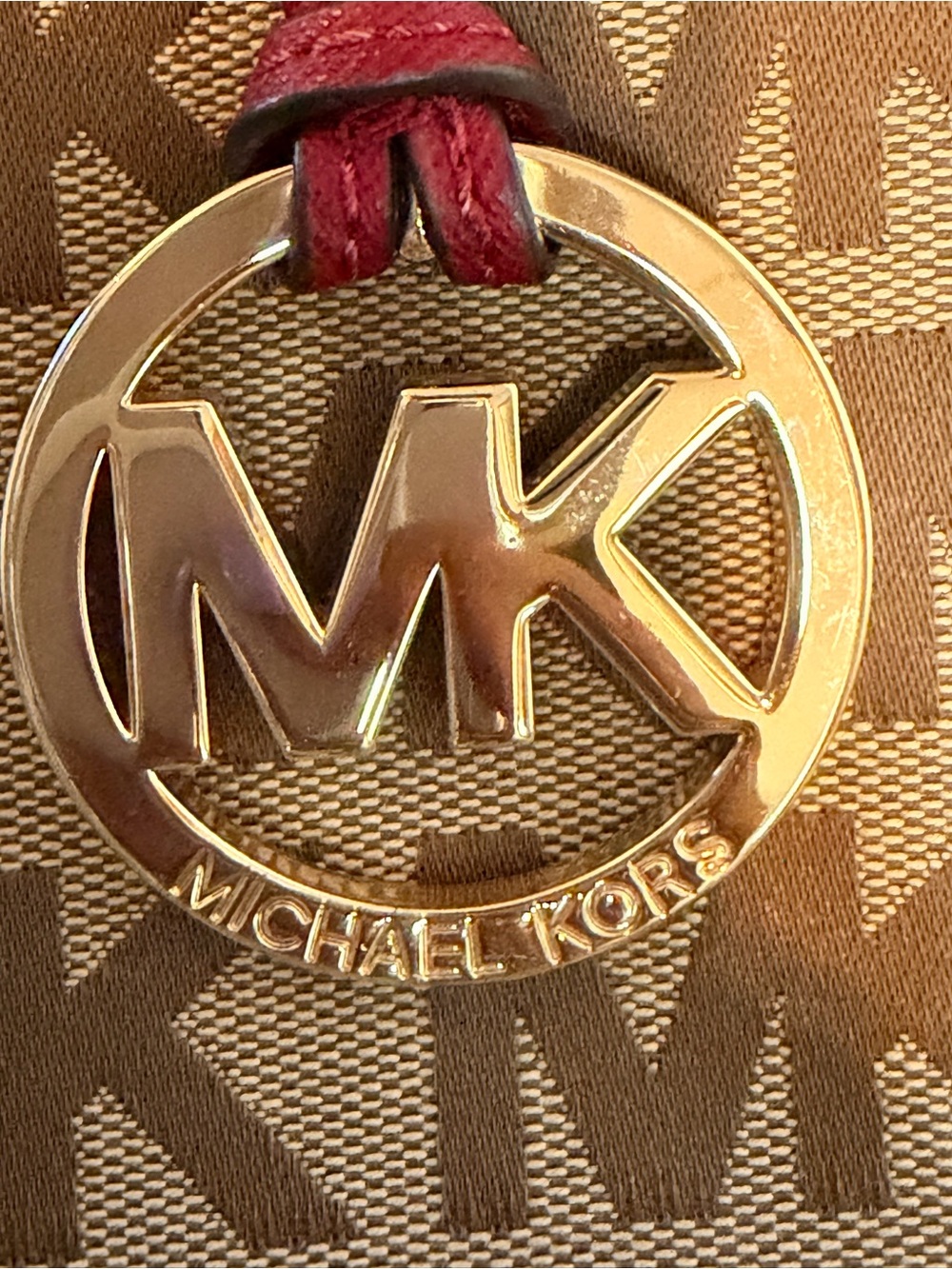 Michael Kors Tan MK Logo Tote with Red Handles - Picture 5 of 10